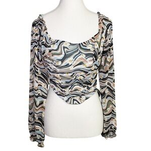 Almost Famous Swirl Patterned Blouse - Black, White, Tan
